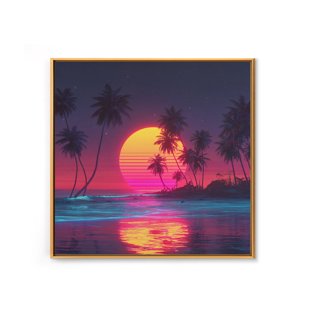 Neon Tropical Beach Sunset With Palms Wall Art, Retro Vaporwave Ocean Night Sky Canvas Print
