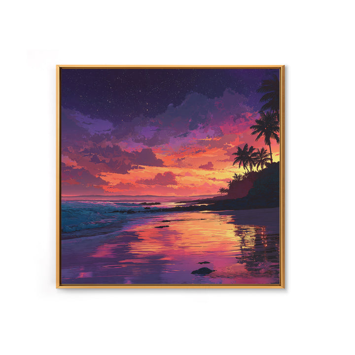 Vibrant Tropical Sunset Beach Wall Art, Colorful Coastal Ocean Painting Print, Summer Beach House Decor Living Room Wall Art