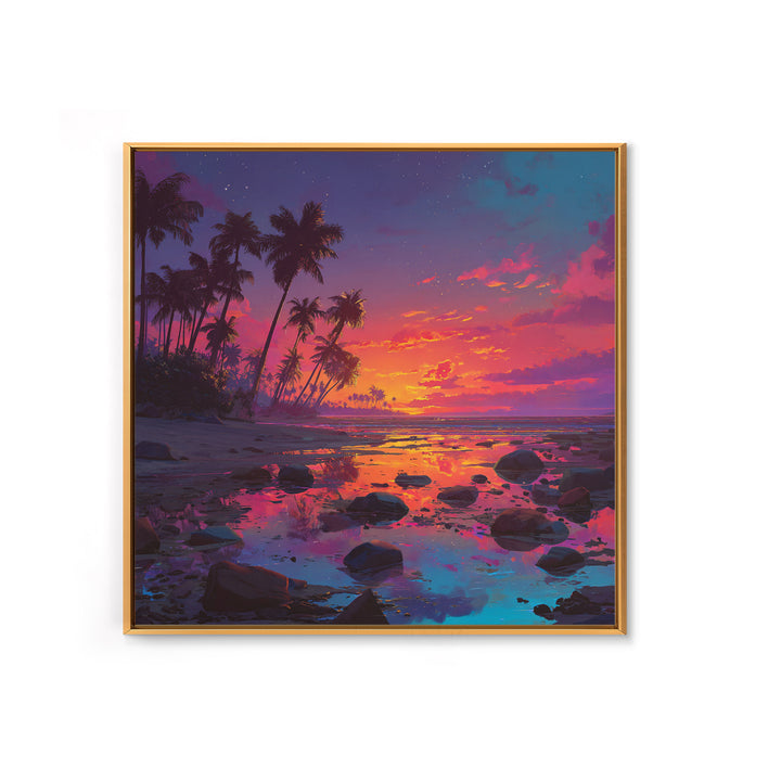 Serene Tropical Sunset With Palm Trees Reflection Over Water Vibrant Wall Art Framed Canvas Print For Coastal Home Decor