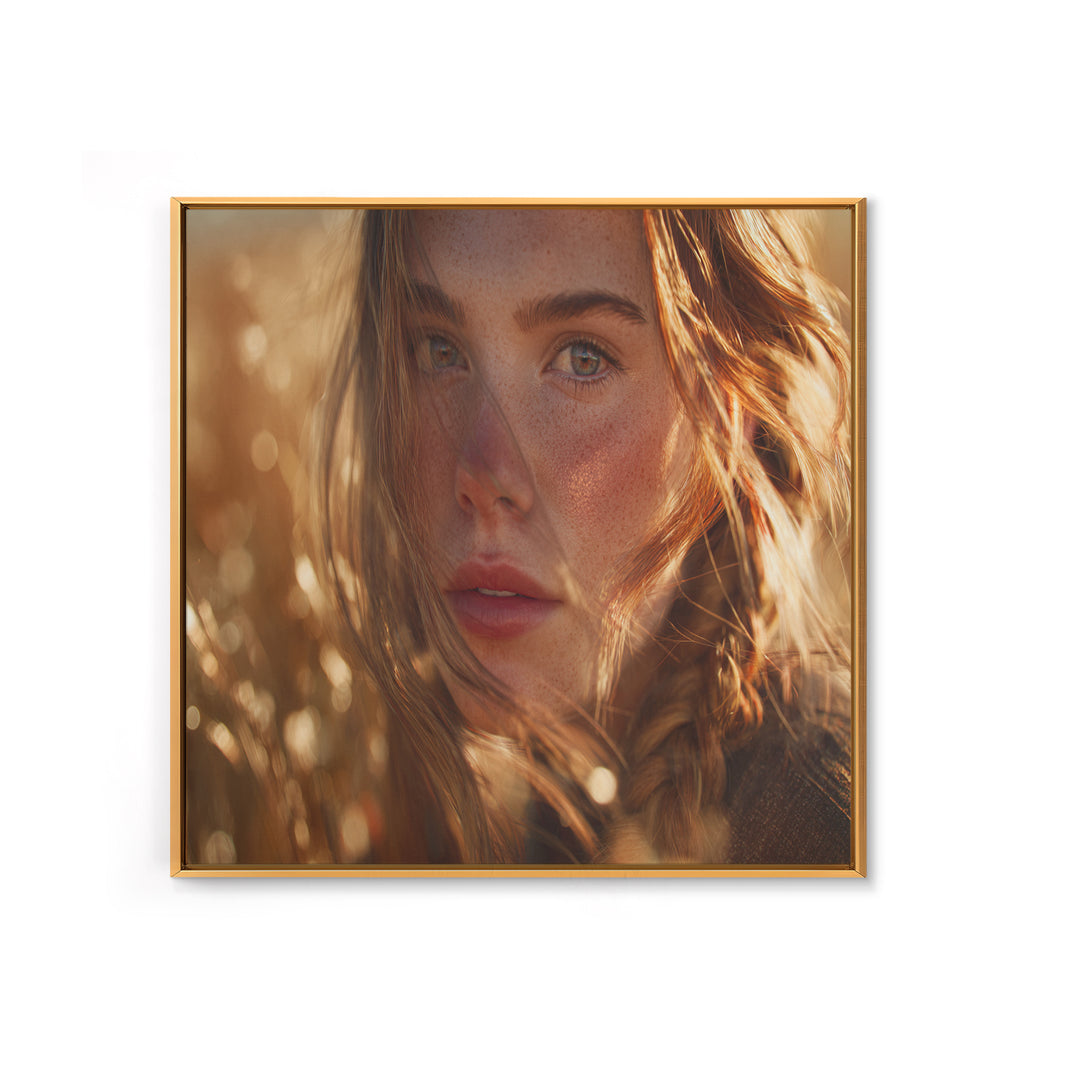 Golden Hour Portrait Of Woman Wall Art, Freckled Girl Close Up Painting, Feminine Modern Art Print, Bedroom Romantic Canvas