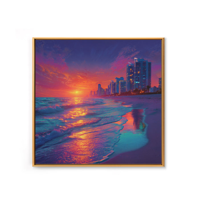 Vibrant City Beach Sunset Skyline Canvas Print, Colorful Coastal Wall Art, Modern Ocean Painting Living Room Home Decor
