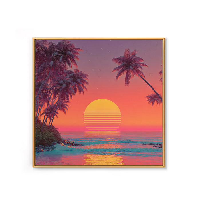Retro Tropical Sunset Beach With Palm Trees Neon Wall Art, Colorful Coastal Canvas Print, Summer Room Decor