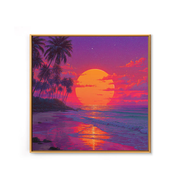 Vibrant Tropical Sunset Beach Wall Art, Palm Tree Ocean Horizon Print, Retro Coastal Summer Decor Canvas Print