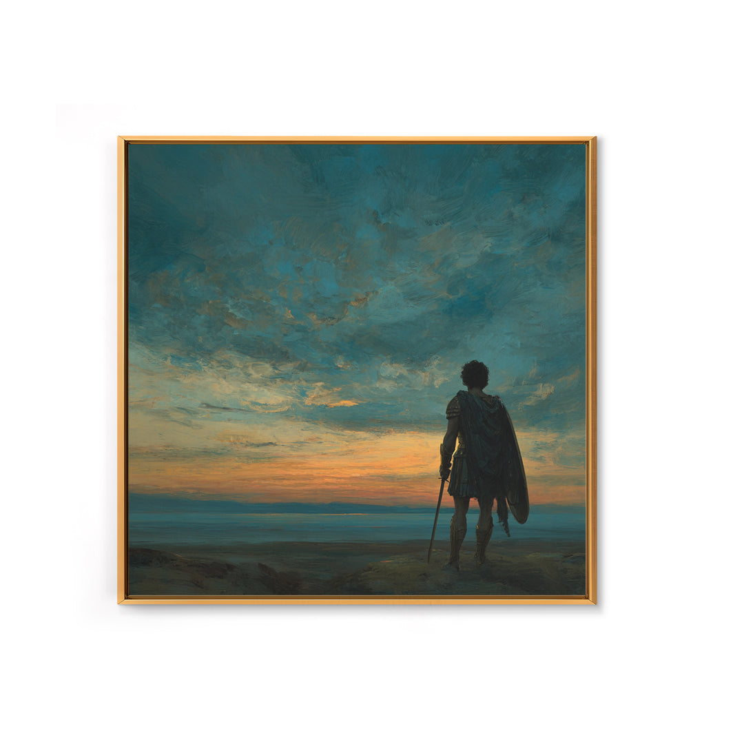 Dark Dramatic Sunset With Ancient Warrior Standing On Hill Wall Art Oil Painting Framed Canvas Print