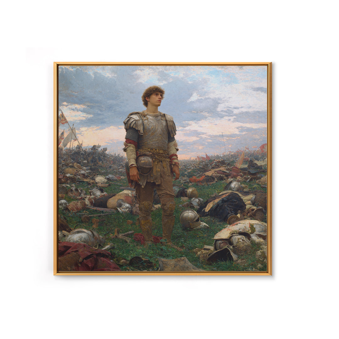 Young Knight Standing After Battle Wall Art, Medieval Warrior Oil Painting, Historical Landscape, Statement Decor, Gift For Him