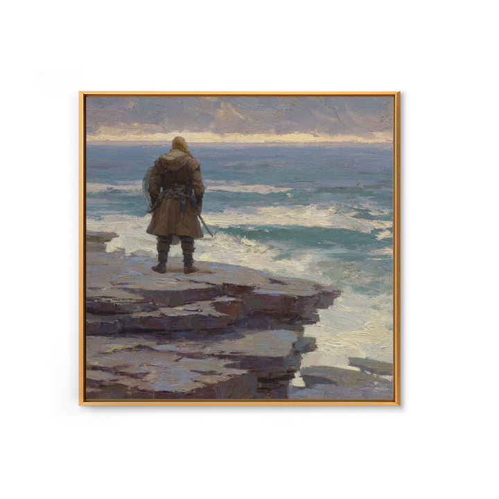Lone Warrior On Ocean Cliff, Moody Coastal Landscape Wall Art, Viking Seascape Canvas Print, Masculine Office Decor, Gift For Him