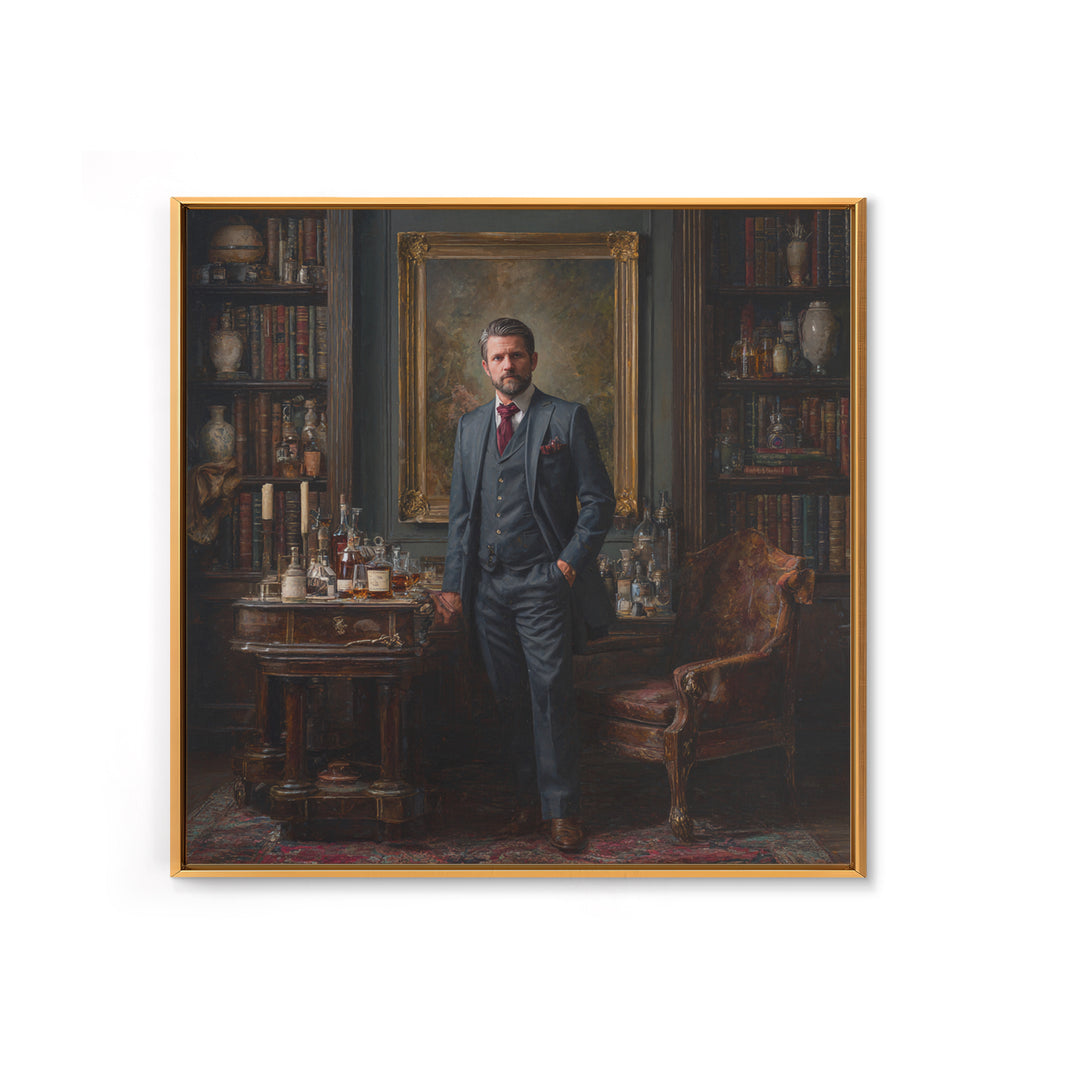 Dapper Gentleman In Antique Study Framed Canvas Print, Moody Portrait Oil Painting, Masculine Office Decor, Dark Academia Art