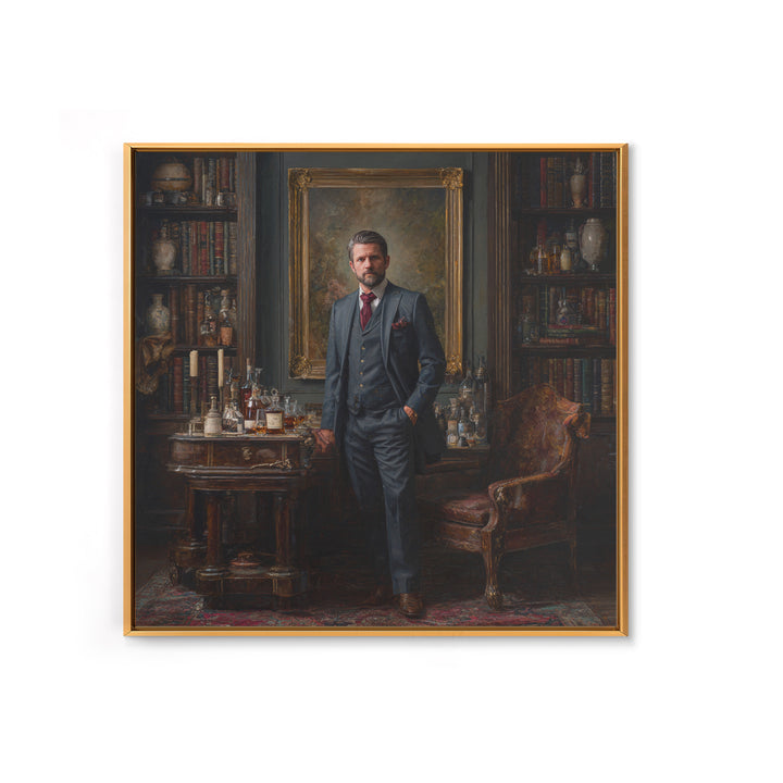 Dapper Gentleman In Antique Study Framed Canvas Print, Moody Portrait Oil Painting, Masculine Office Decor, Dark Academia Art