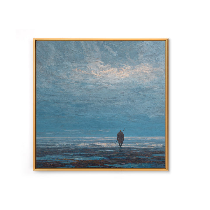 Lone Wanderer Crossing Icy Blue Shore Canvas Print, Minimalist Seascape Art, Calming Wall Art, Serene Coastal Bedroom Decor