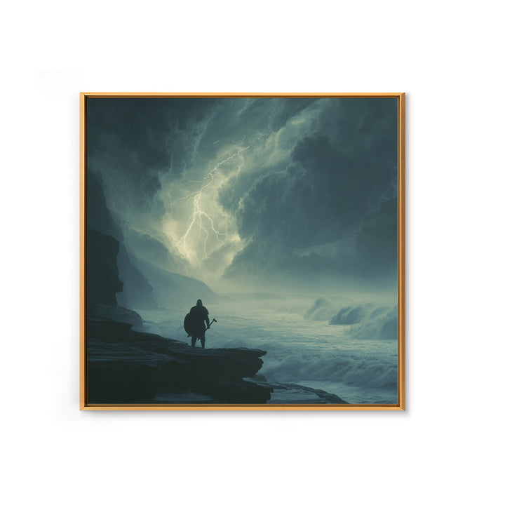 Lone Viking Facing Lightning Over Stormy Sea Wall Art, Dark Seascape Art, Fantasy Wall Decor, Moody Coastal Decor, Gift For Him