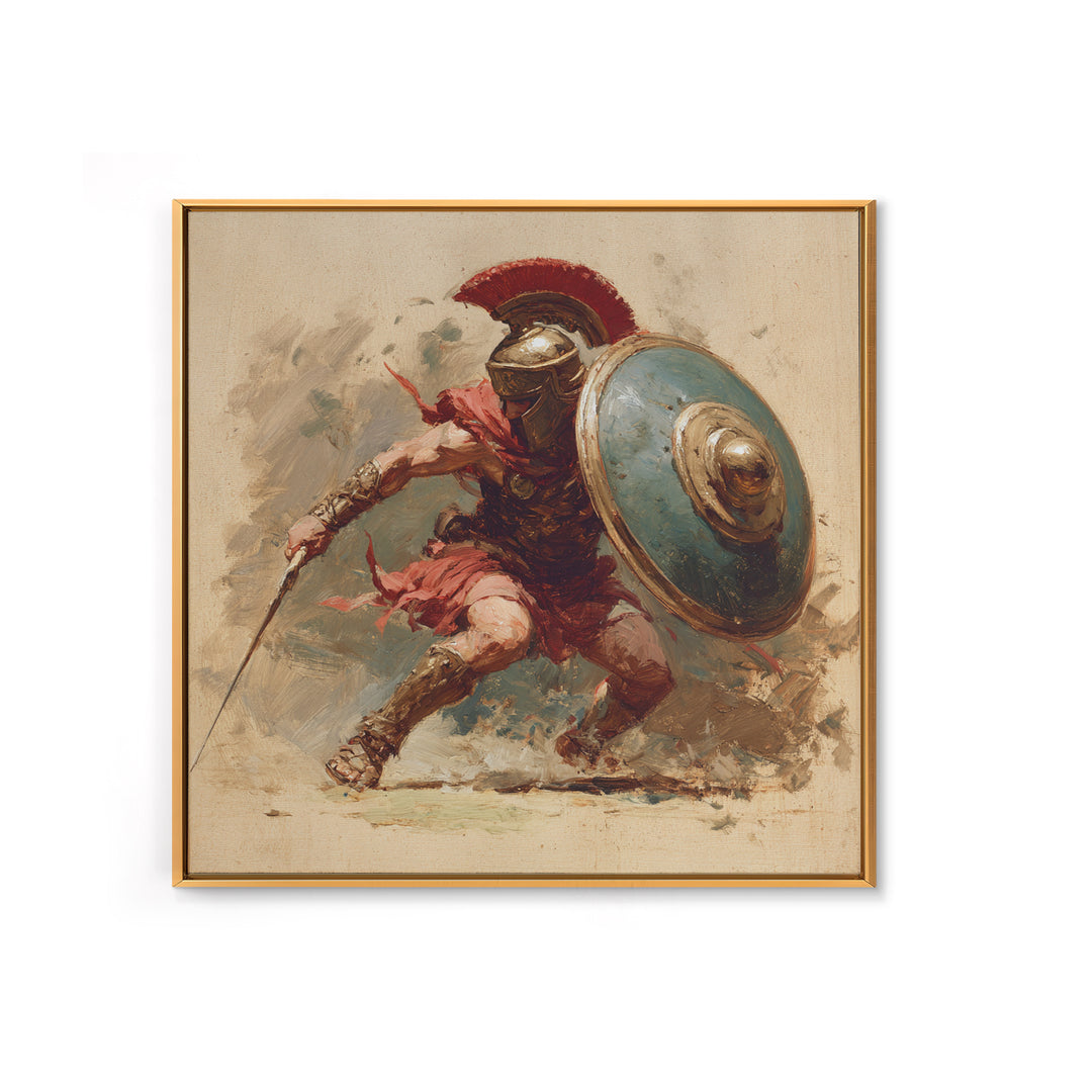 Spartan Warrior With Shield Wall Art, Red Plume Gladiator Action Painting, Bold Classical Canvas Print For Game Room Decor