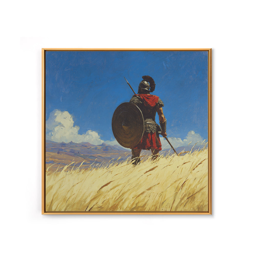 Spartan Warrior In Golden Field Framed Canvas Print, Ancient Greece Landscape, Masculine Wall Art, Western Office Decor Gift