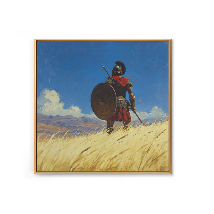 Spartan Warrior In Golden Field Framed Canvas Print, Ancient Greece Landscape, Masculine Wall Art, Western Office Decor Gift