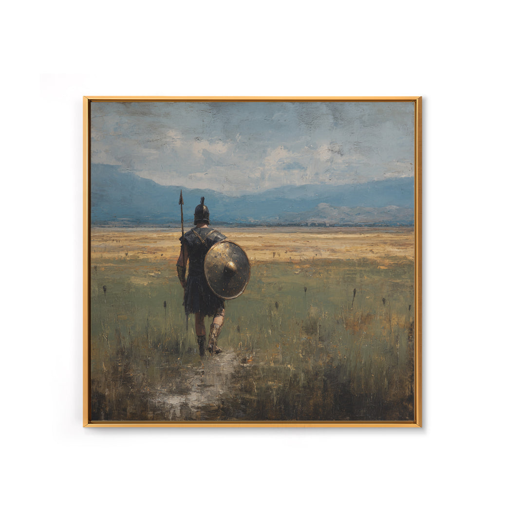 Lone Hoplite Crossing Golden Plains Wall Art, Ancient Greek Landscape Oil Painting, Historical Decor, Masculine Art Print