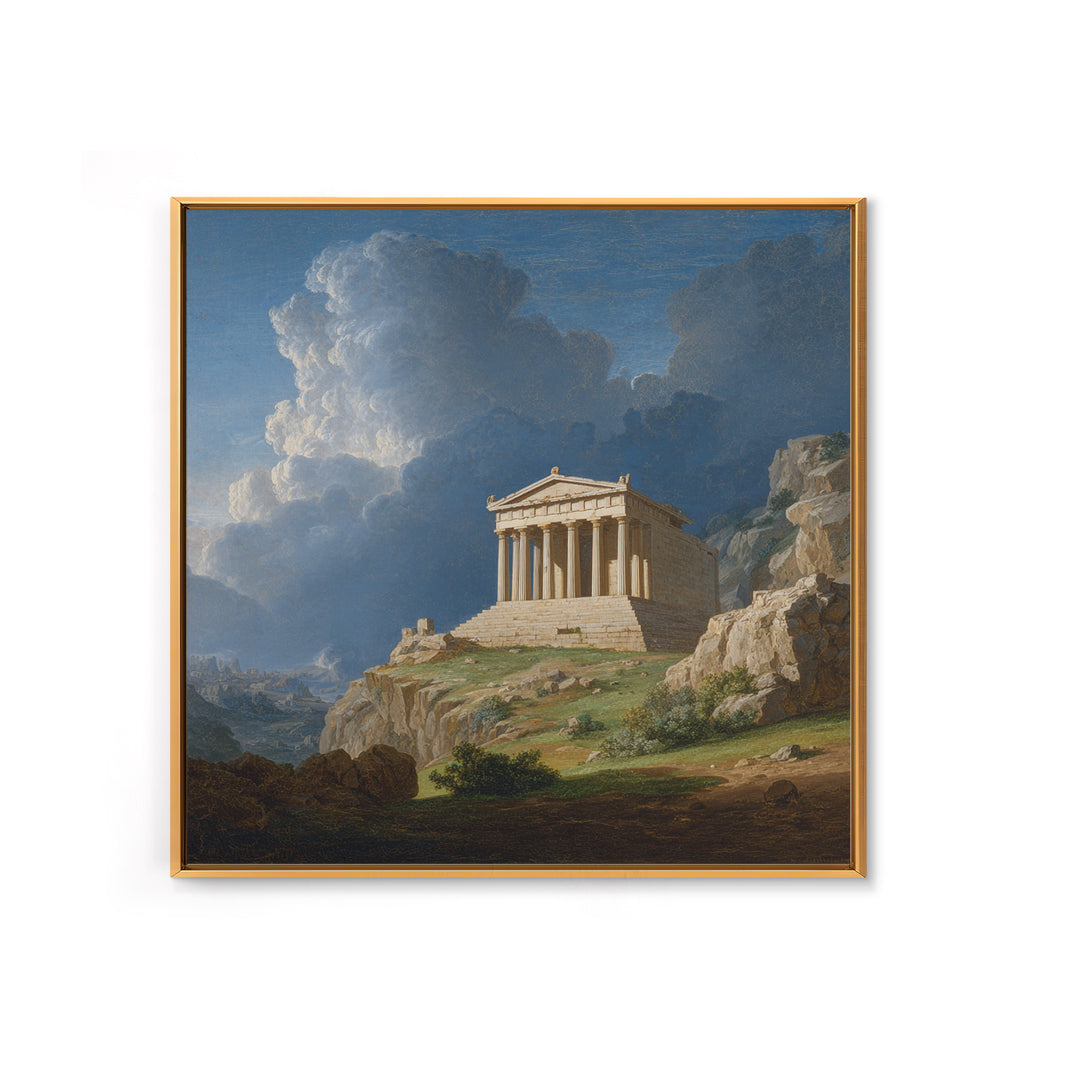 Classical Greek Temple On Rocky Hill Canvas Print, Ancient Architecture Wall Art, Mediterranean Landscape, Elegant Home Decor