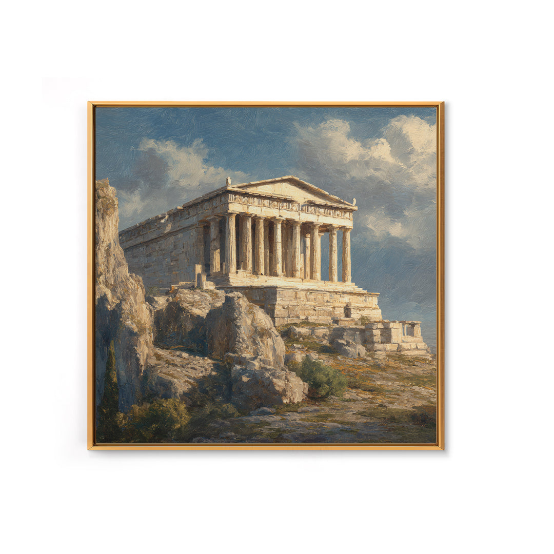 Sunlit Greek Temple On Rocky Acropolis Wall Art, Classical Architecture Oil Painting, Ancient Greece Decor, Fine Art Print
