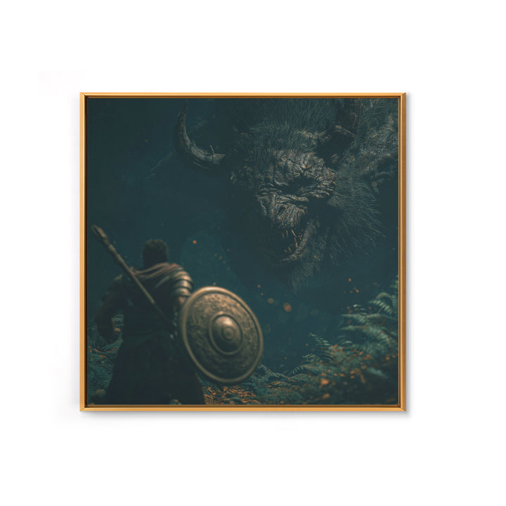 Hero Facing Giant Mythic Beast In Dark Forest Canvas Print, Fantasy Wall Art, Monster Art, Gothic Decor, Gift For Him, Dark Art