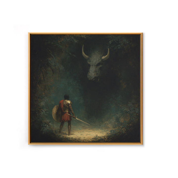 Hero Facing Shadow Minotaur In Dark Forest Framed Canvas Print, Mythological Fantasy Art, Moody Wall Decor, Gothic Art Gift