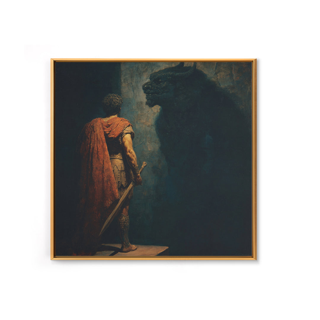 Hero Facing Minotaur In Shadows Canvas Print, Dark Mythology Wall Art, Ancient Greek Fantasy Decor, Dramatic Fine Art Print
