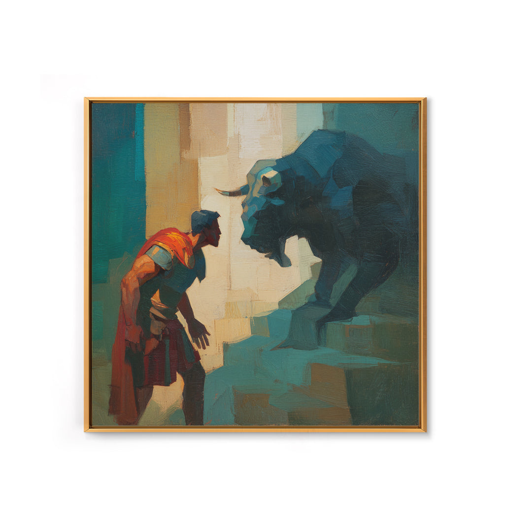 Brave Roman Facing Black Bull Wall Art, Mythological Animal Painting, Bold Modern Canvas For Masculine Office Decor Gift