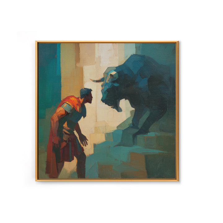 Brave Roman Facing Black Bull Wall Art, Mythological Animal Painting, Bold Modern Canvas For Masculine Office Decor Gift