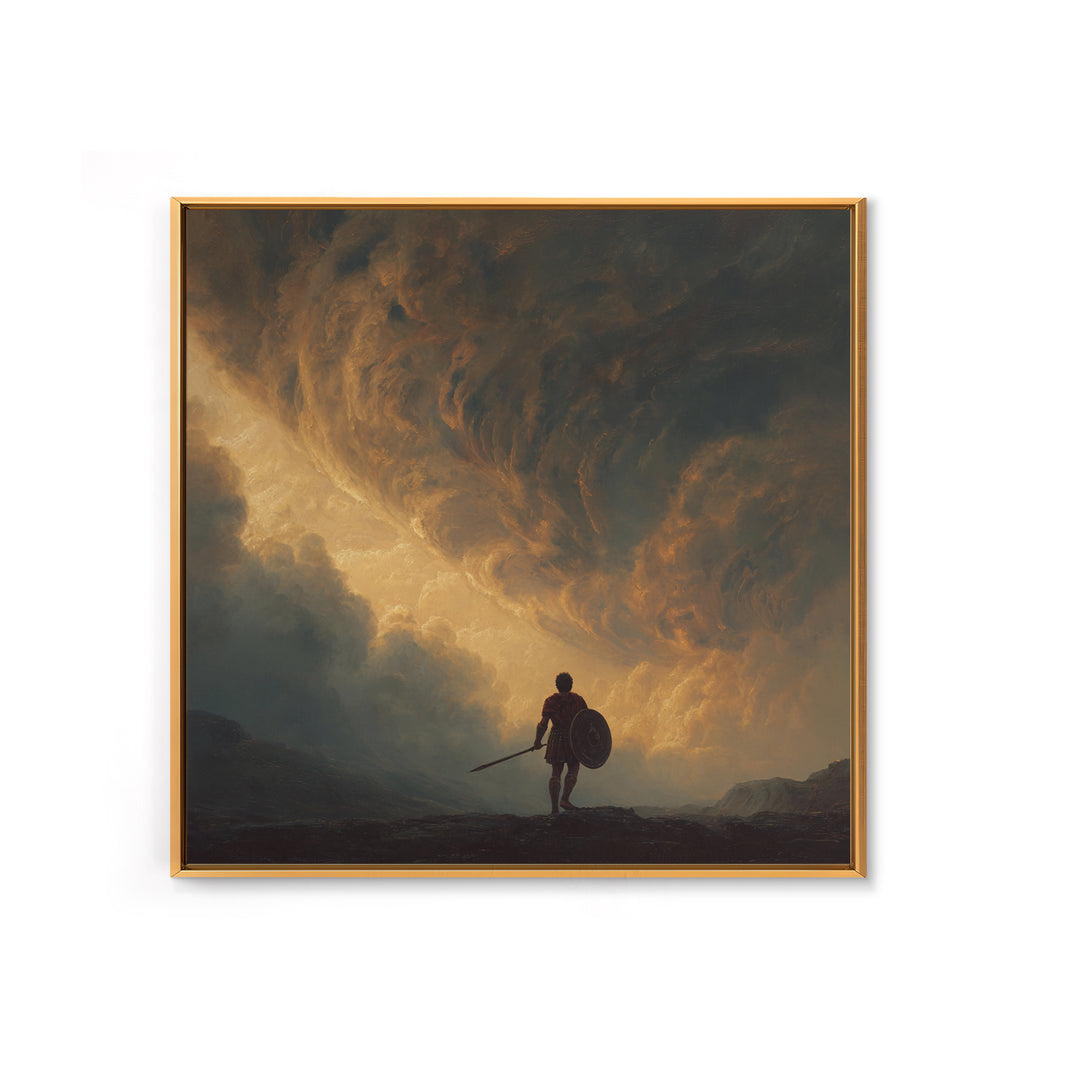 Warrior Beneath Golden Storm Clouds Canvas Print, Epic Fantasy Landscape Painting, Dramatic Wall Decor For Men, Living Room Decor