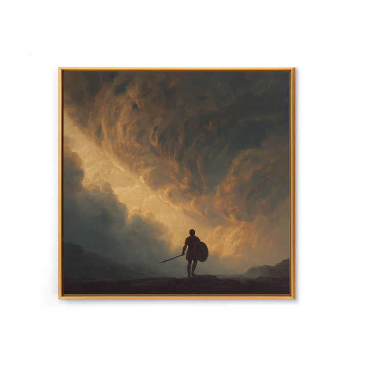 Warrior Beneath Golden Storm Clouds Canvas Print, Epic Fantasy Landscape Painting, Dramatic Wall Decor For Men, Living Room Decor