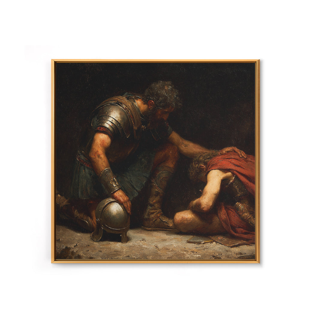 Wounded Ancient Soldier Kneeling By Armored Companion Canvas Print, Classical Wall Art, Mythological Art, Dark Academia Decor