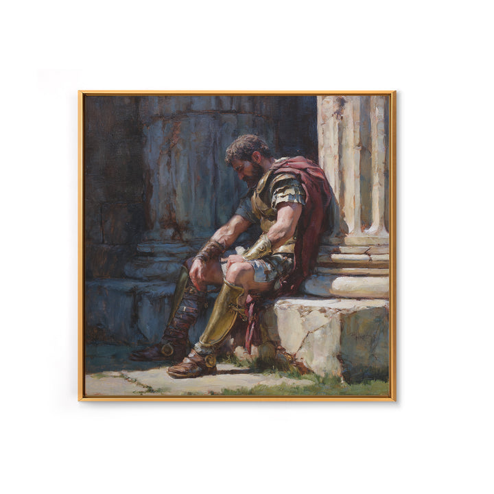 Weary Roman Soldier Resting Beside Columns Framed Canvas Print, Classical Portrait Art, Historical Wall Decor, Gift For Him