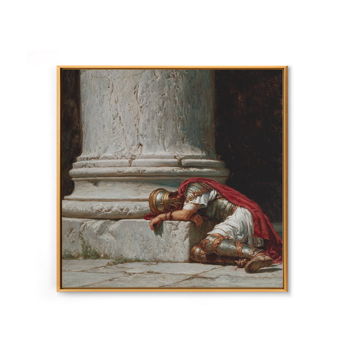 Fallen Roman Soldier Beside Marble Column, Classical Framed Canvas Print, Historical Wall Art, Ancient Rome Decor, Museum Style
