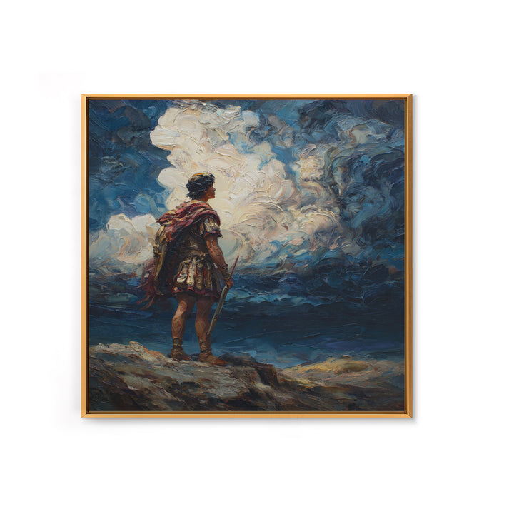 Roman Warrior Under Storm Clouds Framed Canvas Print, Dramatic Mythological Art, Dark Academia Office Decor Gift For Him
