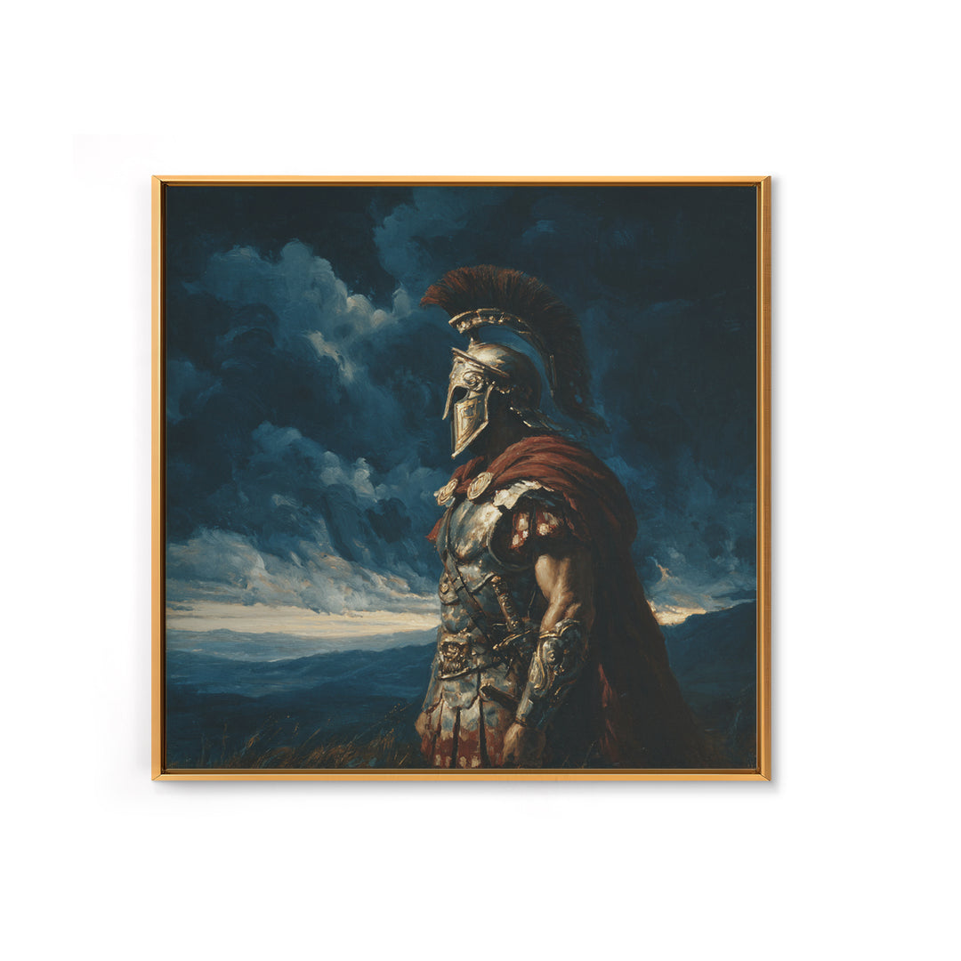 Stoic Roman Warrior Under Storm Clouds Framed Canvas Print, Mythological Art, Dark Academia Decor, Masculine Office Wall Art