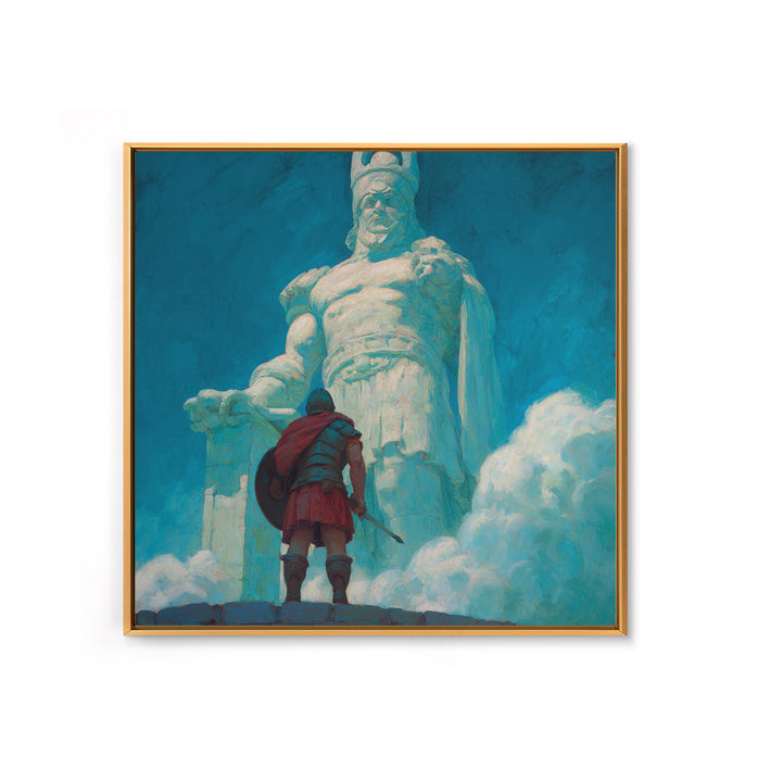 Hero Before Colossal Ancient Statue Framed Canvas Print, Fantasy Wall Art, Mythological Art, Blue Wall Decor, Gift For Him