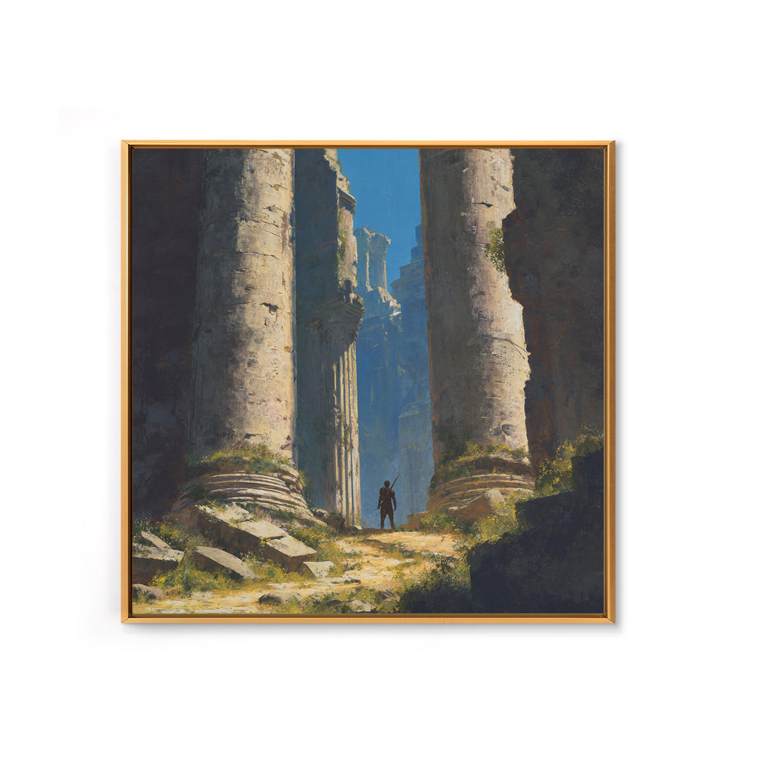 Lone Explorer In Ancient Ruins Wall Art, Fantasy Temple Landscape Painting, Dramatic Architecture Decor, Adventure Gift Idea