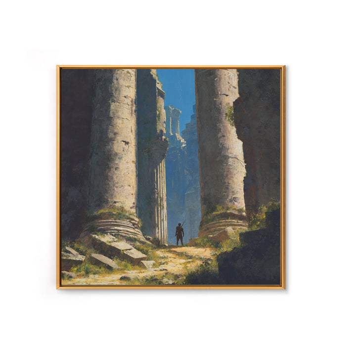 Lone Explorer In Ancient Ruins Wall Art, Fantasy Temple Landscape Painting, Dramatic Architecture Decor, Adventure Gift Idea