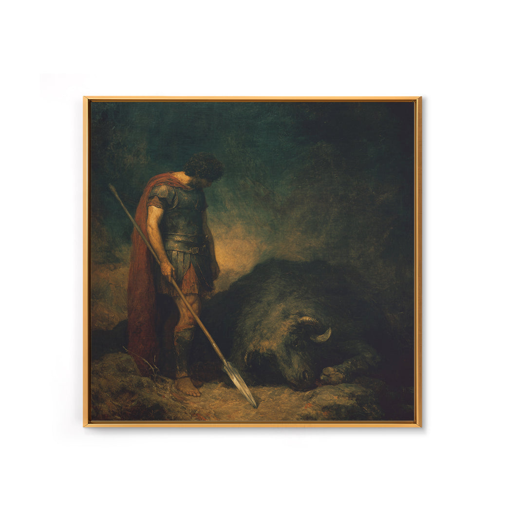 Heroic Spearman Beside Fallen Beast Wall Art, Mythological Warrior Oil Painting, Dark Fantasy Fine Art Print Living Room Decor