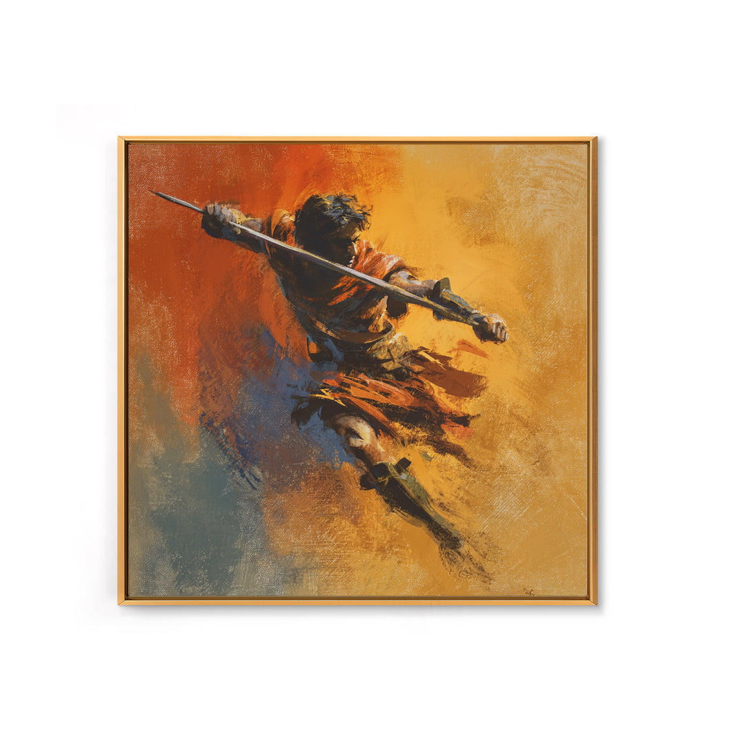 Dynamic Spear Warrior In Orange Canvas Print, Abstract Battle Figure Wall Art, Bold Fantasy Decor, Energetic Statement Art