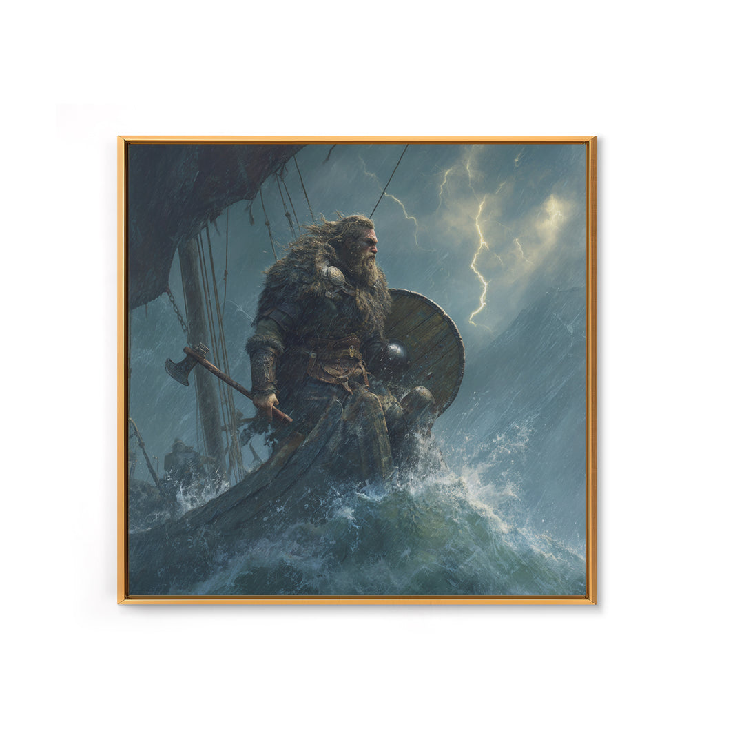 Viking Warrior In Stormy Seas Framed Canvas Print, Norse Mythology Wall Art, Dark Nautical Decor, Gift For Him, Masculine Office Art