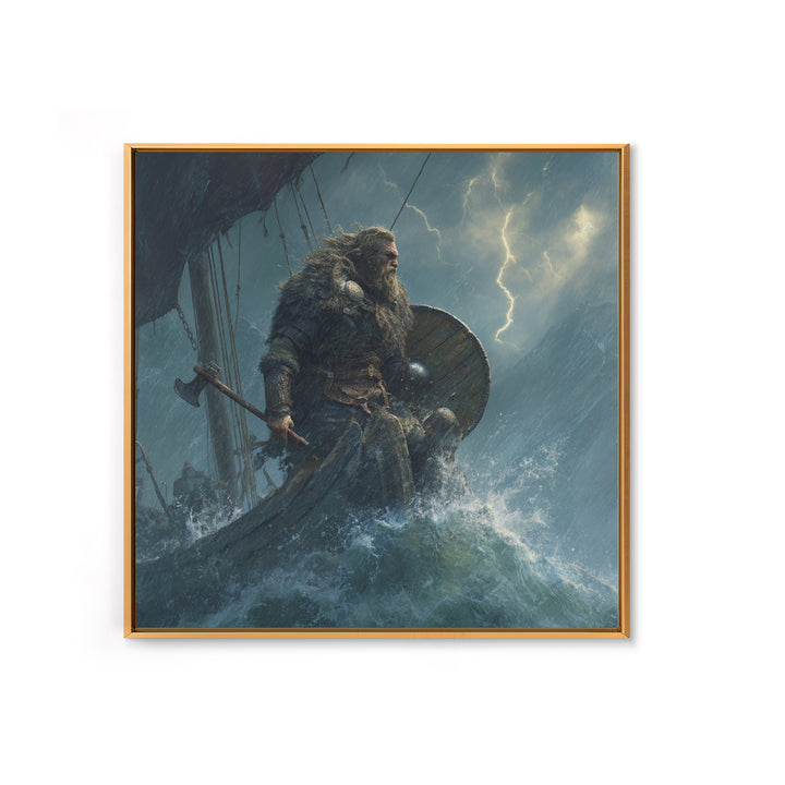Viking Warrior In Stormy Seas Framed Canvas Print, Norse Mythology Wall Art, Dark Nautical Decor, Gift For Him, Masculine Office Art