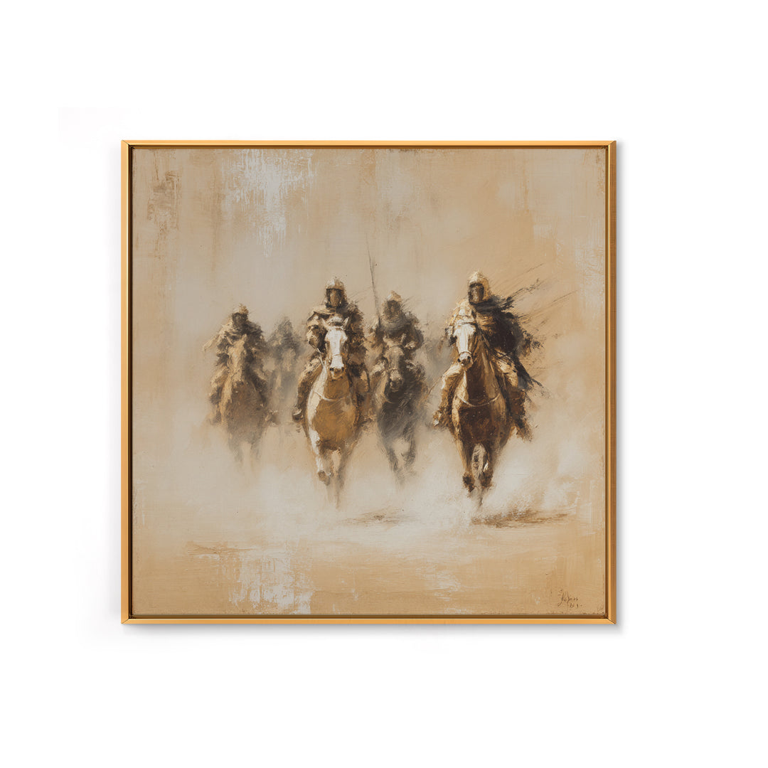 Four Dusty Medieval Horsemen Large Wall Art, Neutral Cavalry Painting, Rustic Western Canvas For Living Room And Office Decor Gift