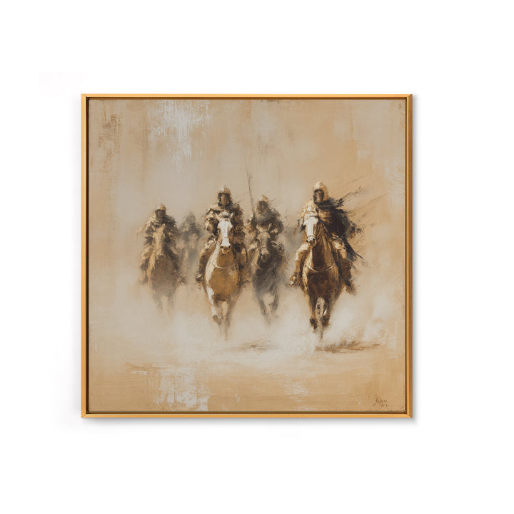 Four Dusty Medieval Horsemen Large Wall Art, Neutral Cavalry Painting, Rustic Western Canvas For Living Room And Office Decor Gift