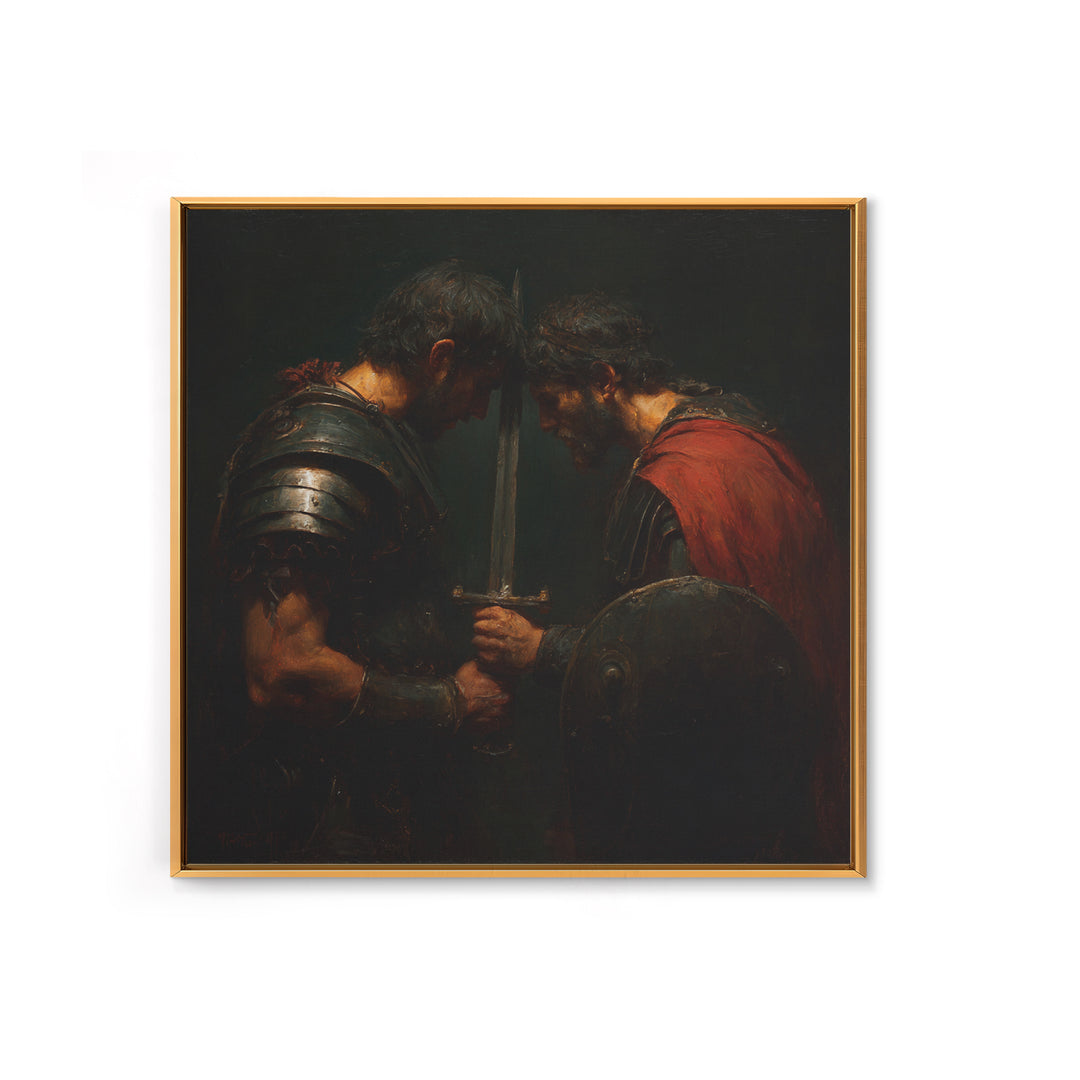 Two Armored Warriors With Sword, Dark Medieval Framed Canvas Print, Masculine Office Decor, Historical Wall Art, Gift For Him