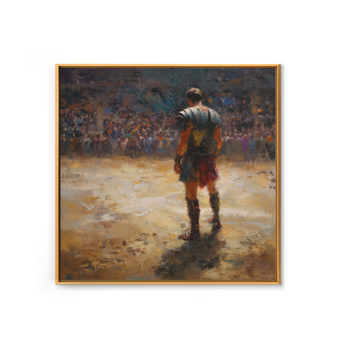 Lone Gladiator In Arena Spotlight Canvas Print, Roman Colosseum Wall Art, Historical Oil Painting, Masculine Office Decor