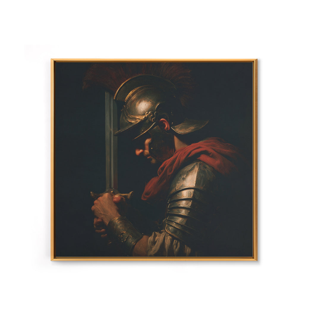 Roman Warrior With Sword And Bronze Helmet Framed Canvas Print, Dark Academia Wall Art, Mythological Art, Gift For Him, Decor