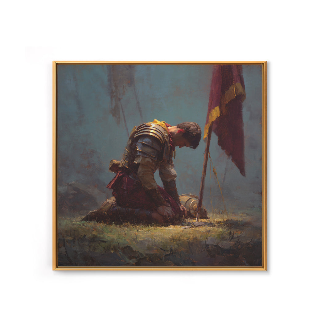 Kneeling Knight With Battle Standard Framed Canvas Print, Medieval Warrior Oil Painting, Dark Academia Wall Decor, Gift For Him