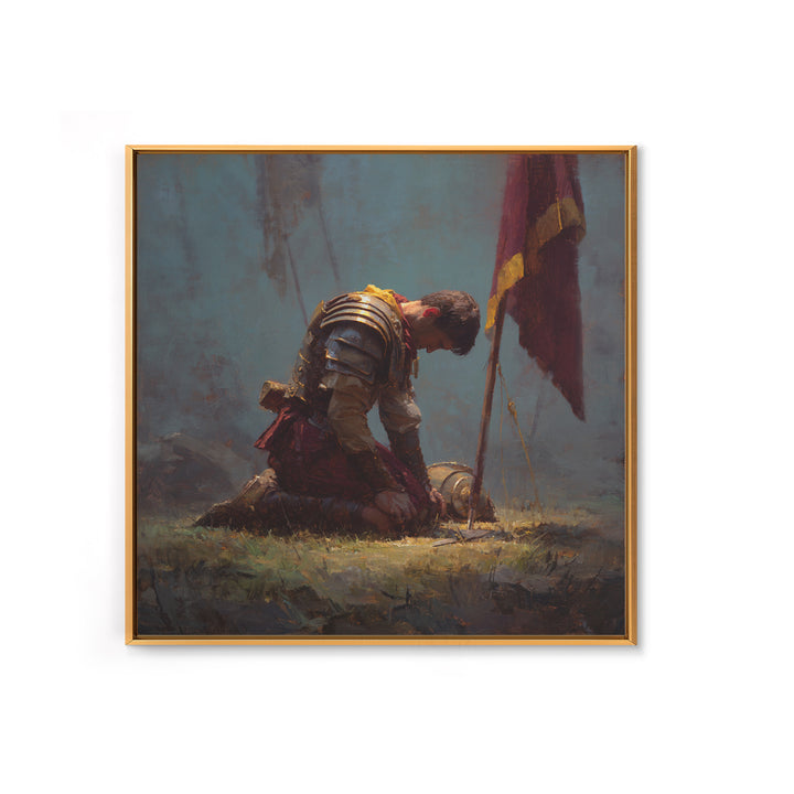 Kneeling Knight With Battle Standard Framed Canvas Print, Medieval Warrior Oil Painting, Dark Academia Wall Decor, Gift For Him