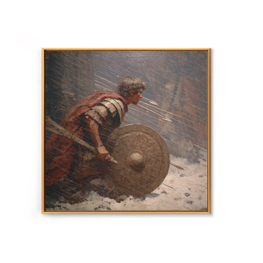 Roman Warrior Under Arrow Fire Wall Art, Snow Battle Shield Painting, Historical Canvas Print For Masculine Office Decor