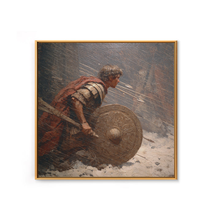 Roman Warrior Under Arrow Fire Wall Art, Snow Battle Shield Painting, Historical Canvas Print For Masculine Office Decor
