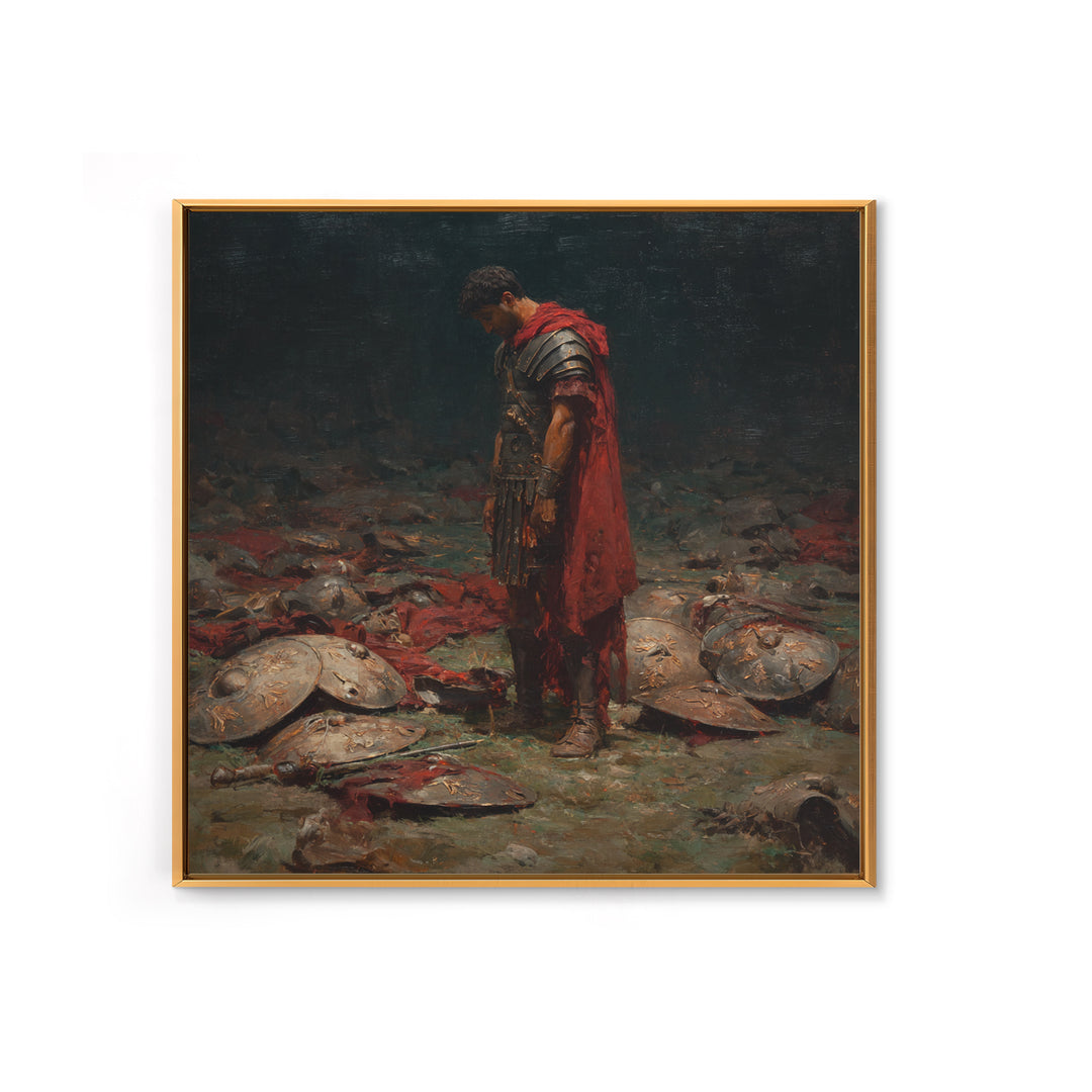 Defeated Roman Soldier Among Shields Framed Canvas Print, Somber Historical Oil Painting, Dark Academia Wall Art Decor Gift