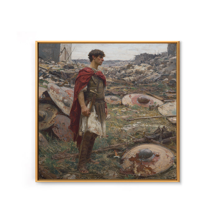 Roman Soldier Among Fallen Shields Wall Art, Ancient Warrior Oil Painting, Classical History Decor, Masculine Living Room Art